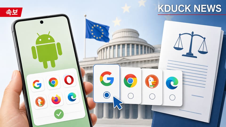안드로이드 스마트폰 화면, 앱 아이콘 선택지, EU 법원 문서를 함께 배치한 KDUCK NEWS 모바일 해설 이미지